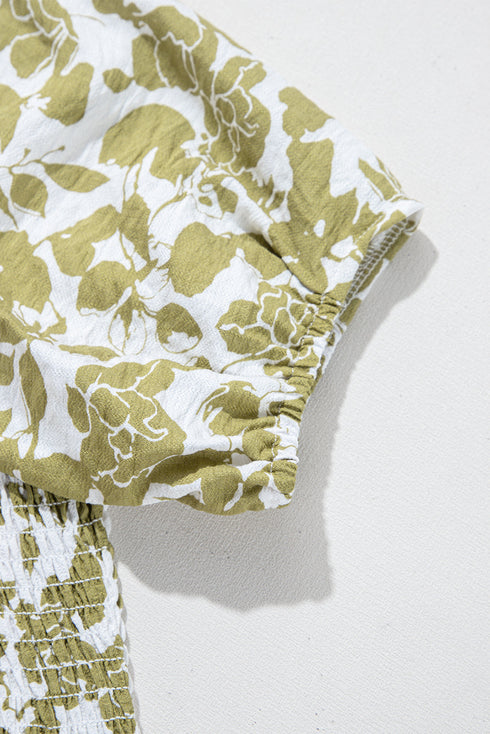 Prairie Charm Floral Smocked Puff Sleeve Tiered Rick Rack Midi Dress